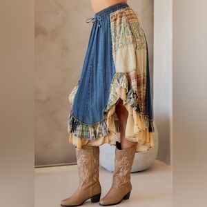 Boho High-Low Patchwork Skirt in Denim Blue and Cream